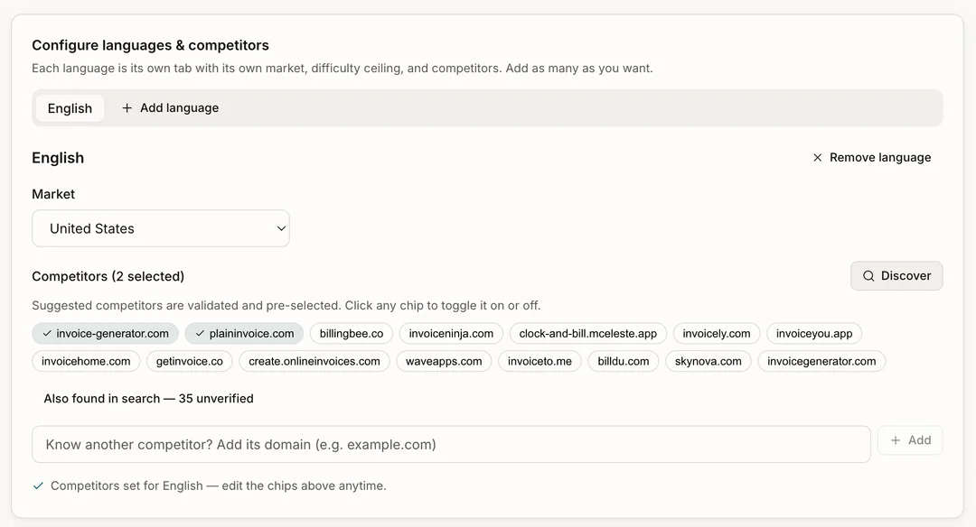 A competitor configuration screen showing 2 selected competitors and 35 unverified candidates found in search